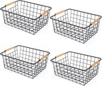 Wire Basket 4 Pcs Wire Storage Baskets Wire Baskets Organizing with Wooden Handles Wire Basket Pantry Organization and Storage Metal Wire Food Storage Basket for Kitchen, Cabinets (Black 4PCS)