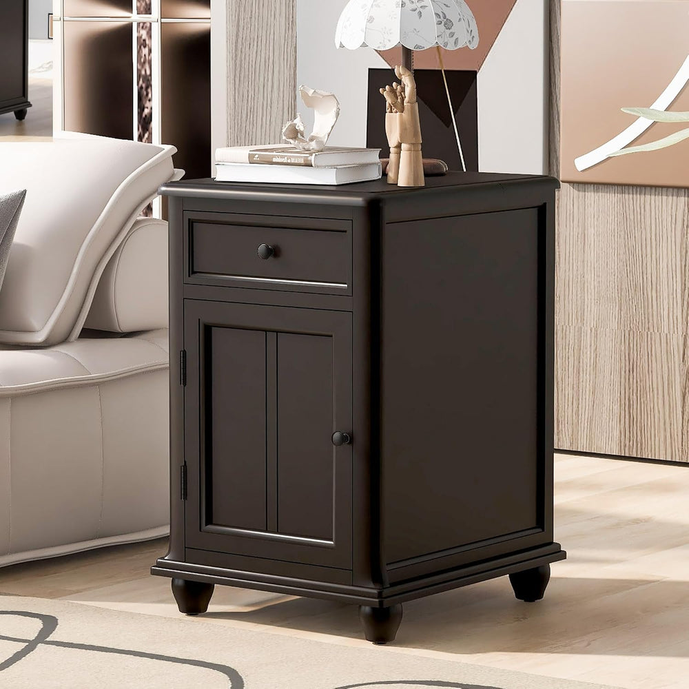 End Table with Solid Wood Legs, Side Table with USB Ports, 1 Storage Cabinet ...