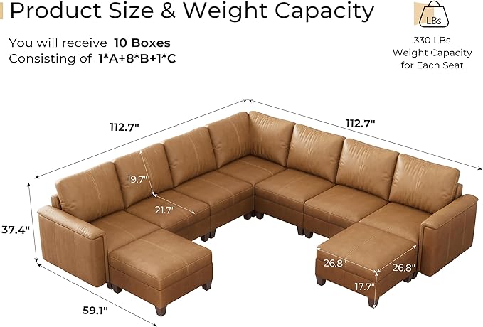 SITJOY 113" Faux Leather Modular Sectional Sofa with Storage, Mid Century Modern Sectional Couches for Living Room, Soft Padded Armrests, 9 Seat V Shaped Sectional Couch with Chaise, Brown