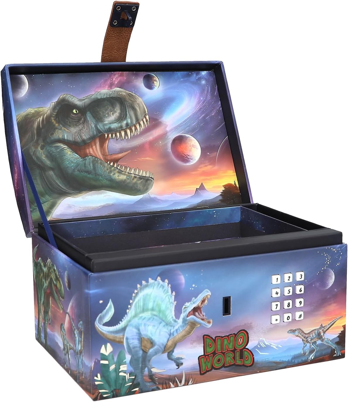 Depesche 13441 Dino World Treasure Chest in Dino Design with Planets, Storage Box with Code, Sound and Light