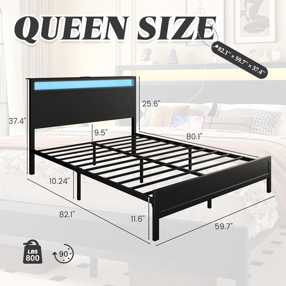 Queen Bed Frame with Headboard & Footboard, Bed Frame with Built-in Charg...