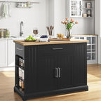 Yaheetech Kitchen Island on Hidden Wheels, Rolling Kitchen Cart with Thicker Rubberwood Top & 3 Drawers & Open Shelves, Storage Cabinet with Adjustable Shelves for Dining Room, 46″L × 22″W, Black | Mobile Kitchen Island with Storage on Wheels with