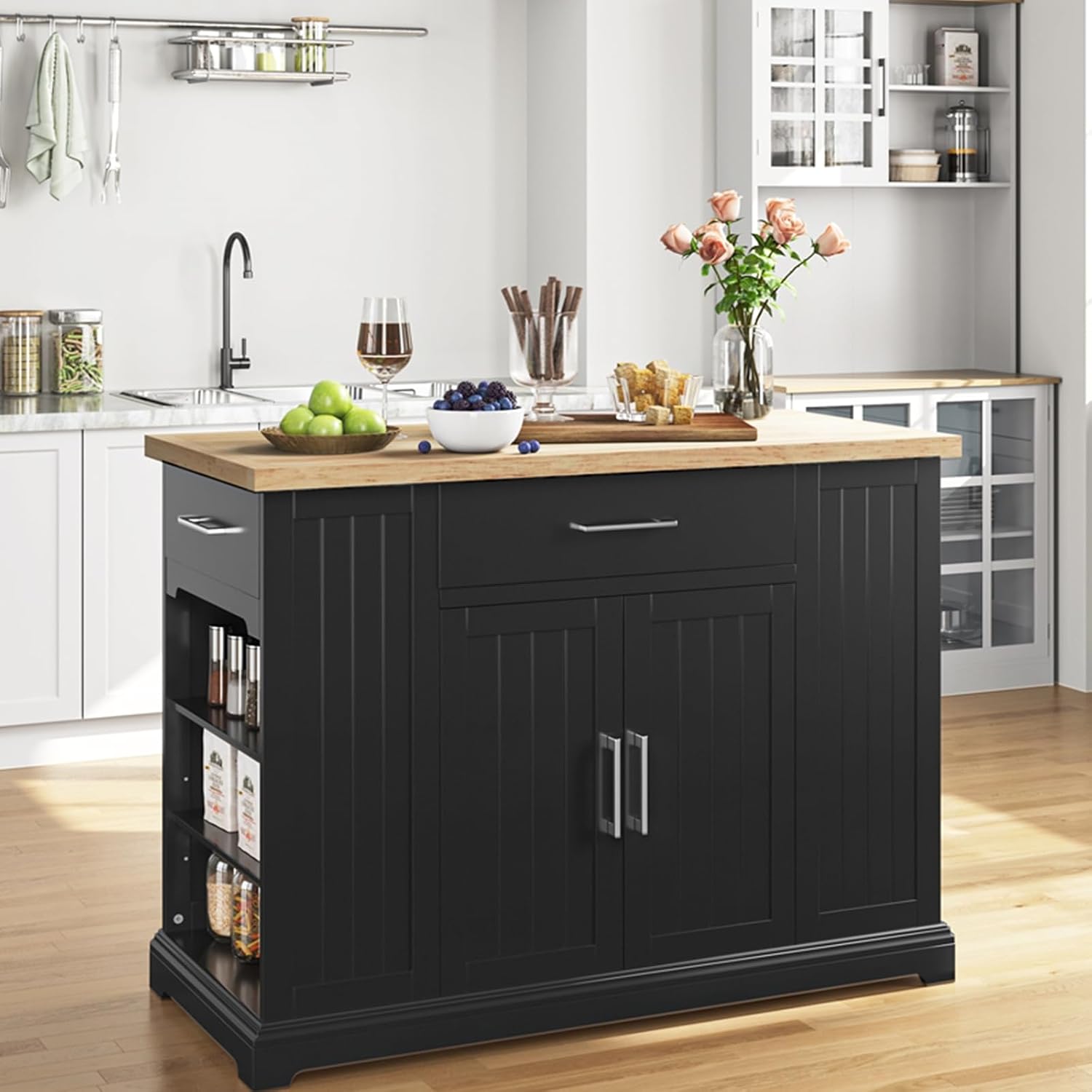 Yaheetech Kitchen Island on Hidden Wheels, Rolling Kitchen Cart with Thicker Rubberwood Top & 3 Drawers & Open Shelves, Storage Cabinet with Adjustable Shelves for Dining Room, 46″L × 22″W, Black | Mobile Kitchen Island with Storage on Wheels with