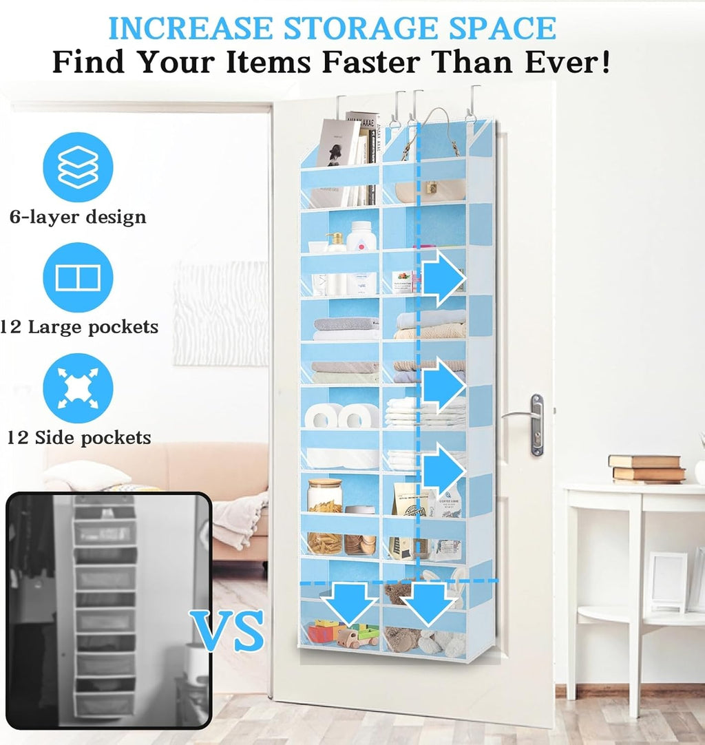 Over The Door Organizer 6 Tiers, Extra Large Behind Door Storage of 12 Compartments, 80 lbs Weight Capacity Hanging Storage Organizer with Clear Window Kids Toys,Shoes,Diapers,Room Storage,Blue