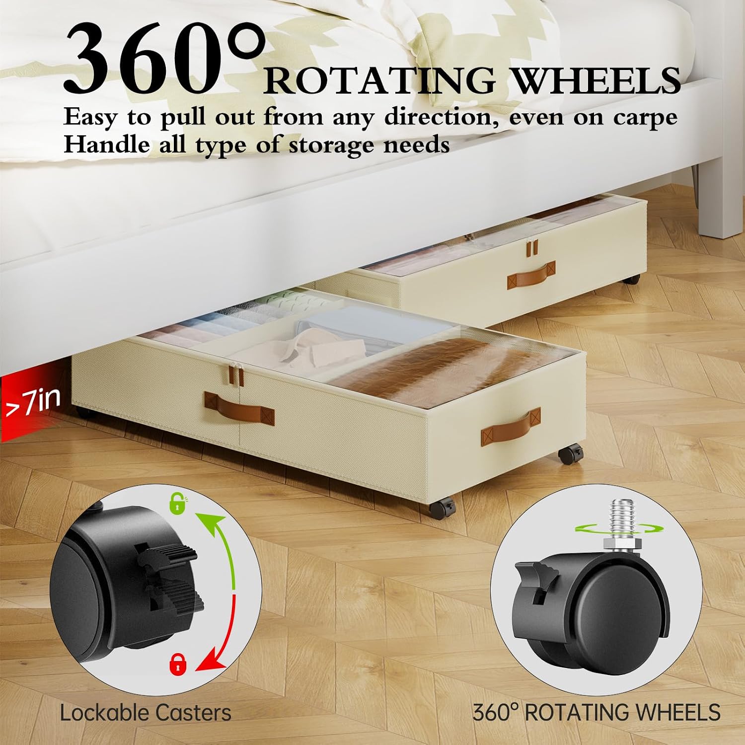 Yecaye Under Bed Storage with Wheels, 4 Pack Under Bed Storage Containers with Adjustable Dividers & Clear Window, Rolling Underbed Organizer Bins Drawers for Clothes, Shoes, Blankets, Beige