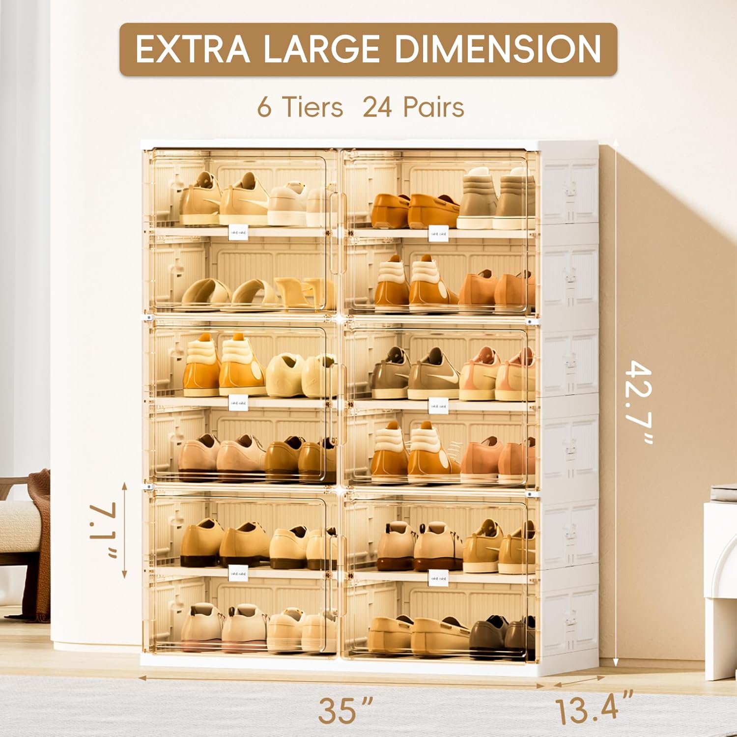 JEKO&JEKO 6 Tiers Foldable Shoe Rack Organizer Cabinet for Closet Entryway, Large Collapsible Shoe Storage Box with Magnetic Doors Fits Up to 24 Pairs (White)