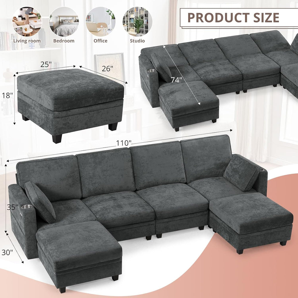 110" Chenille U-Shape Sofa w/& Adjustable Backrests, Grey | Upholste...