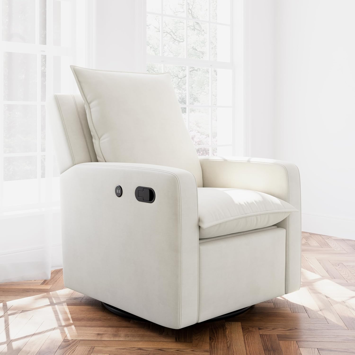 Storkcraft Timeless Recliner Swivel Glider with USB Charging Ports, Ivory | USB-C and USB-A Charging Port, 360-Degree Metal Swivel Base, Manual Extending Foot Rest, Glider Rocking Chair