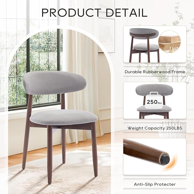 COLAMY Wooden Dining Chairs Set of 6, Modern Fabric Upholstered Dining Room Chair, Farmhouse Kitchen Chair with Foot Pegs, Light Grey