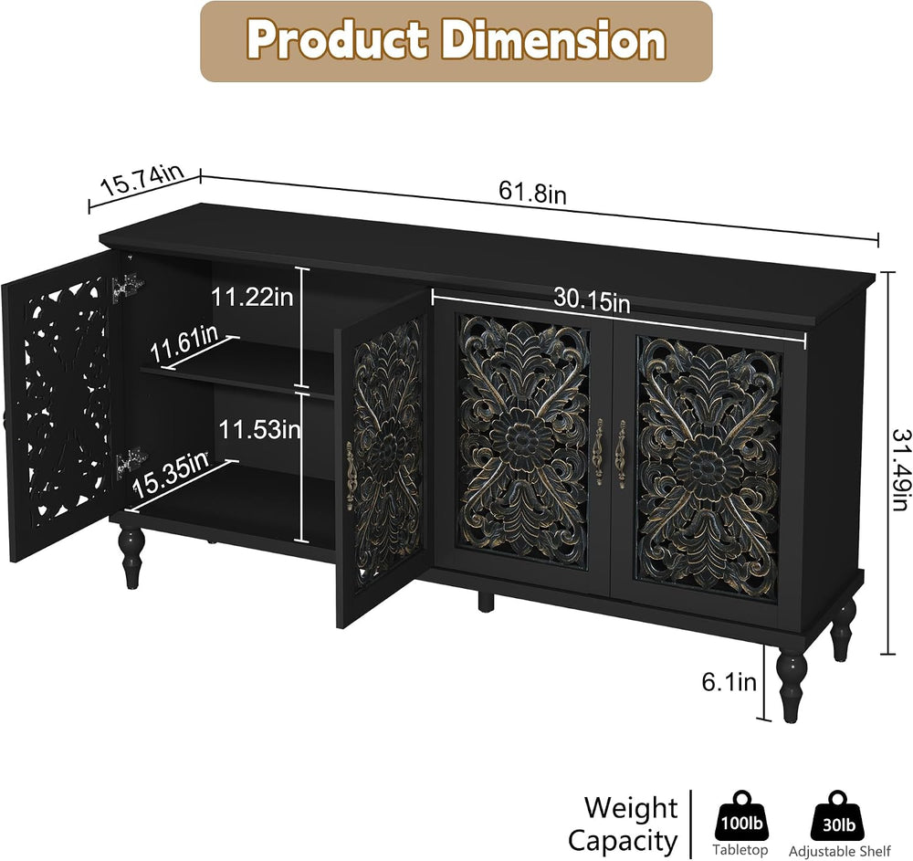 ARTPOWER 61.8" Hollow Carved Accent Cabinet with 4 Doors for Living Room