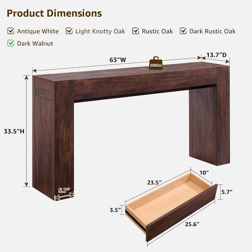 OKD 63" Console Table with Drawers, Thick Block Entryway Table, Walnut |...