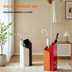 Artistic Color-Block Umbrella Stand for Entryway, Modern Geometric Sculptural Umbrella Holder with Drip Tray, Metal Indoor Rack for Walking Sticks(Red+Orange)