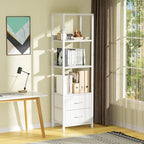 Furnulem 4-Tier Corner Shelf, Bookshelf with 2 Storage Drawers, 57.28”Tall Narrow Bookcase, Standing Shelf Organizer Unit for Living Room, Bedroom, Metal Frame, Wood Display Shelf
