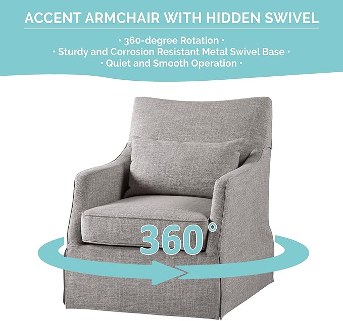 Martha Stewart London Swivel Chair - Solid Wood & Plywood, Skirted Metal Base Accent Armchair, Lumbar Pillow -Modern Classic Family Room Sofa Furniture Bedroom Lounge, 28"X31.5"X35.25", Grey