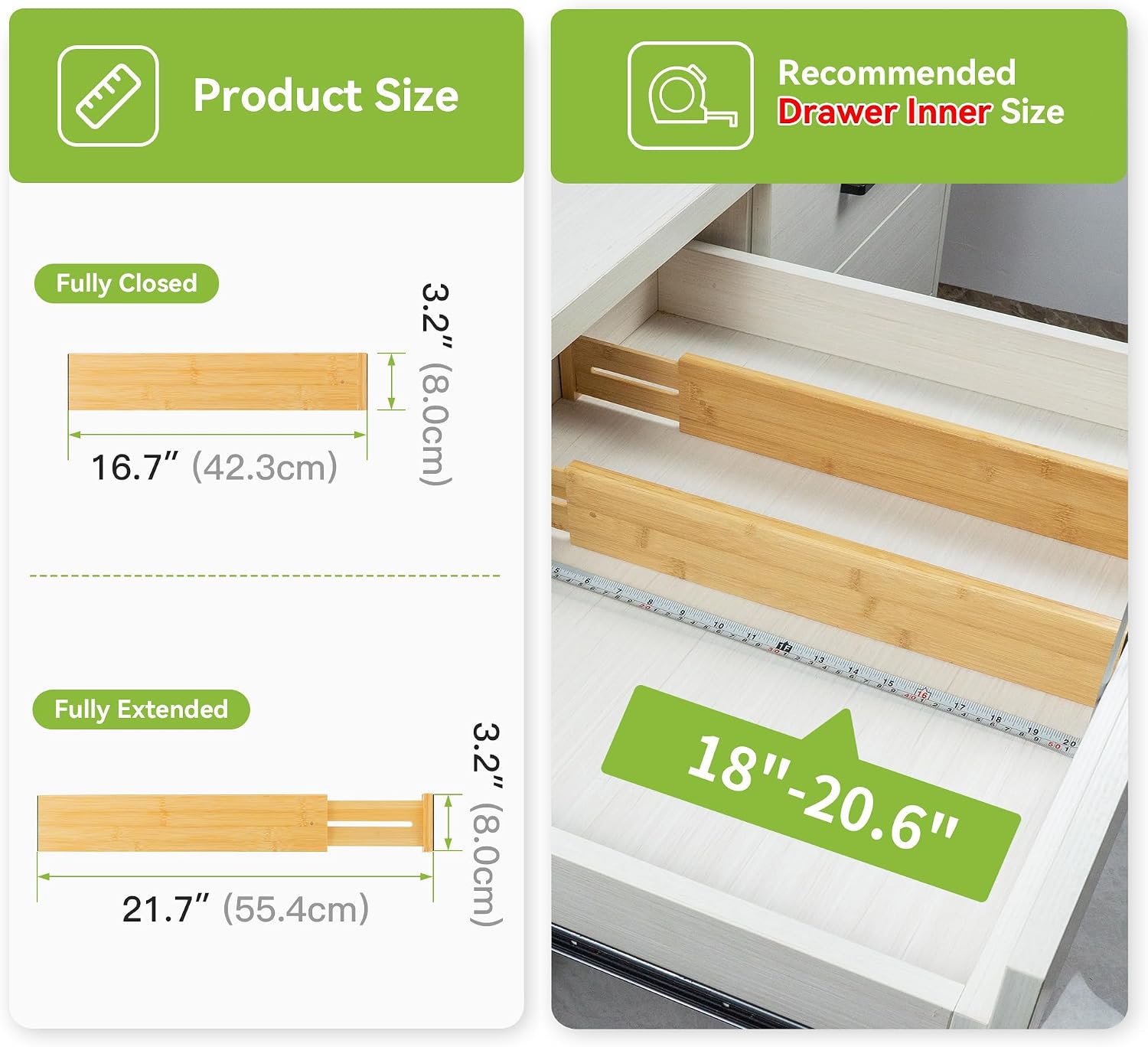 Utoplike Kitchen Drawer Divider, Expandable Bamboo Drawers Organizer 3.2" H | Large Adjustable Spring-Loaded Separators for Spatulas, Utensils, Bedroom & Home Storage, 4pcs, Fit 18"-20.6" Inner Drawer