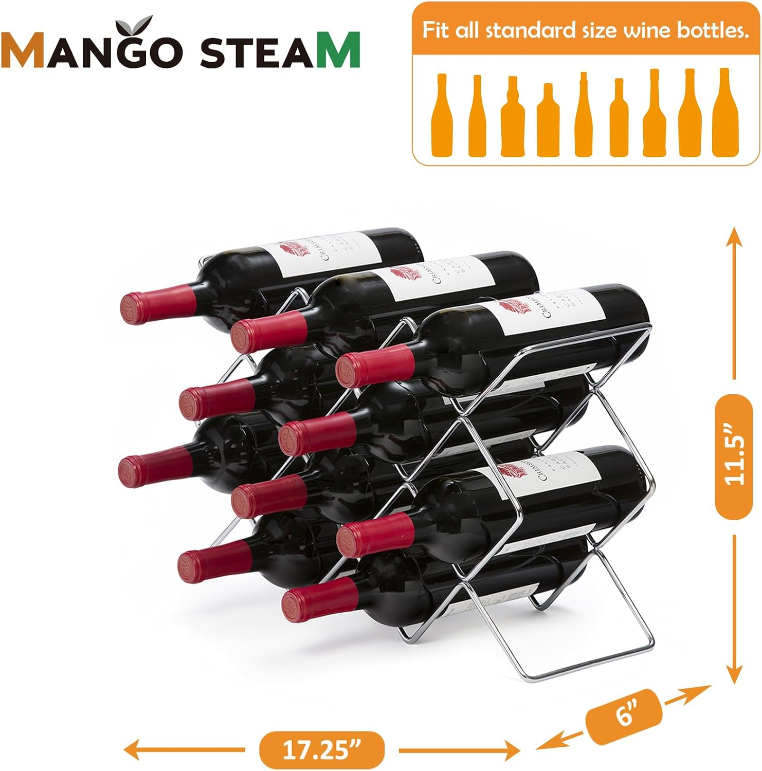 Mango Steam Elegant 10 Bottle Wine Rack Holder for Countertop and Fridge Storage - Silver Chrome