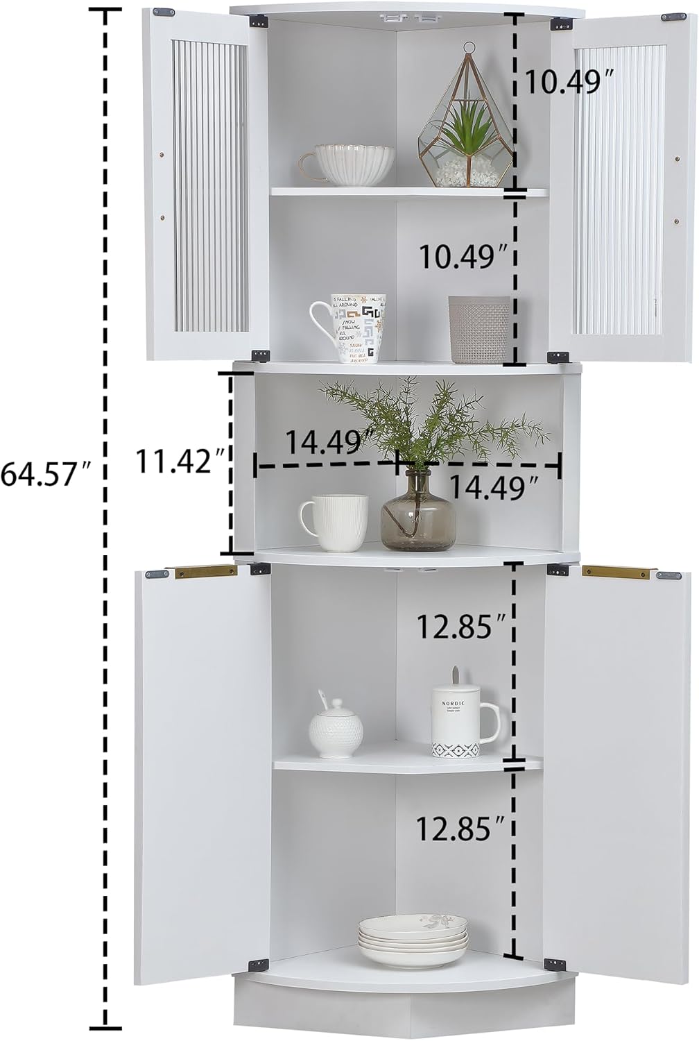FOREST GRAVITY Modern Corner Storage Cabinet with Fluted Doors | For Kitchen; For Bathroom; Glass Doors; Fluted Design; Large Storage; Pentagon Design; White