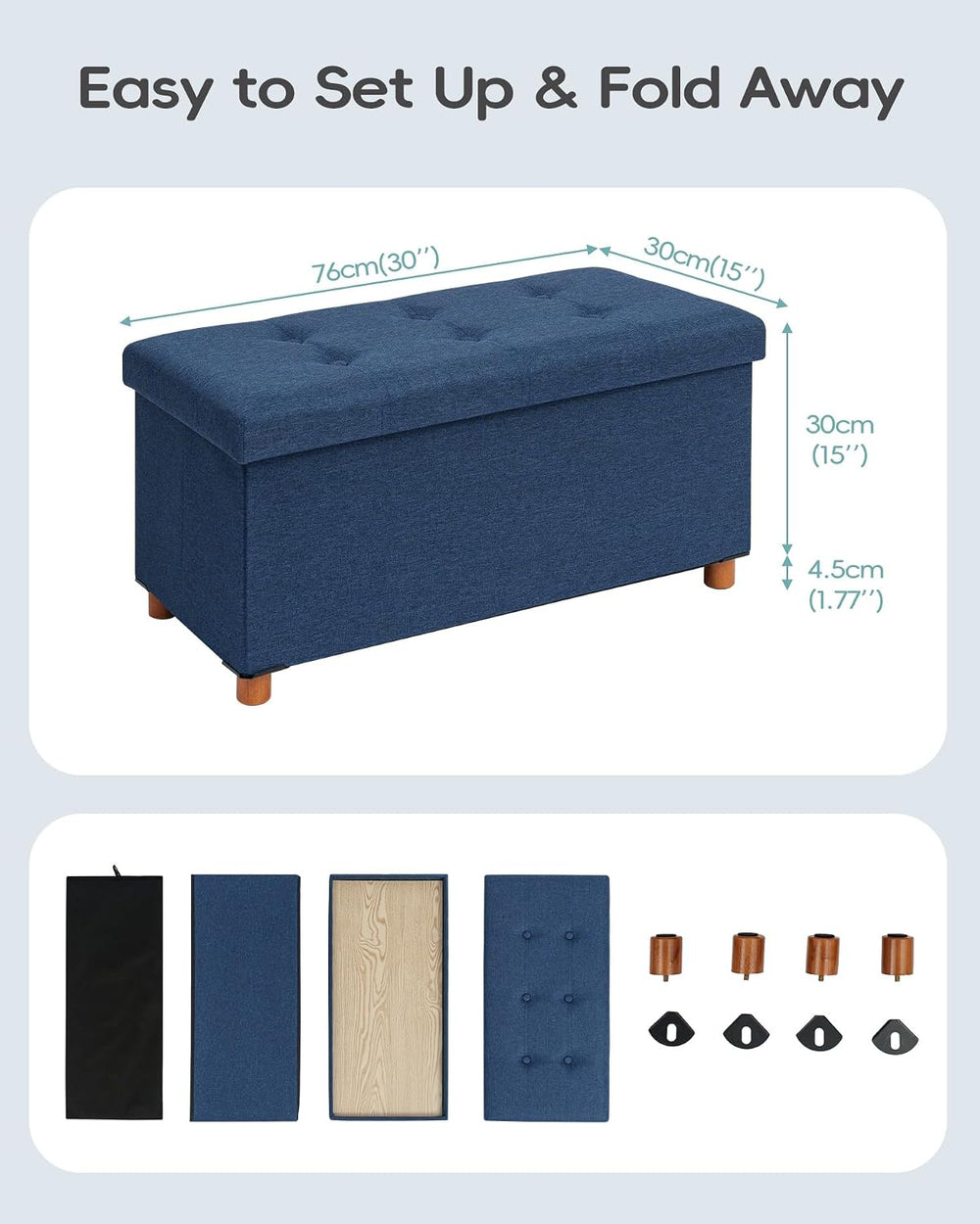 PINPLUS Storage Ottoman Cube, White Linen Footrest with Wooden Legs, Foldable...