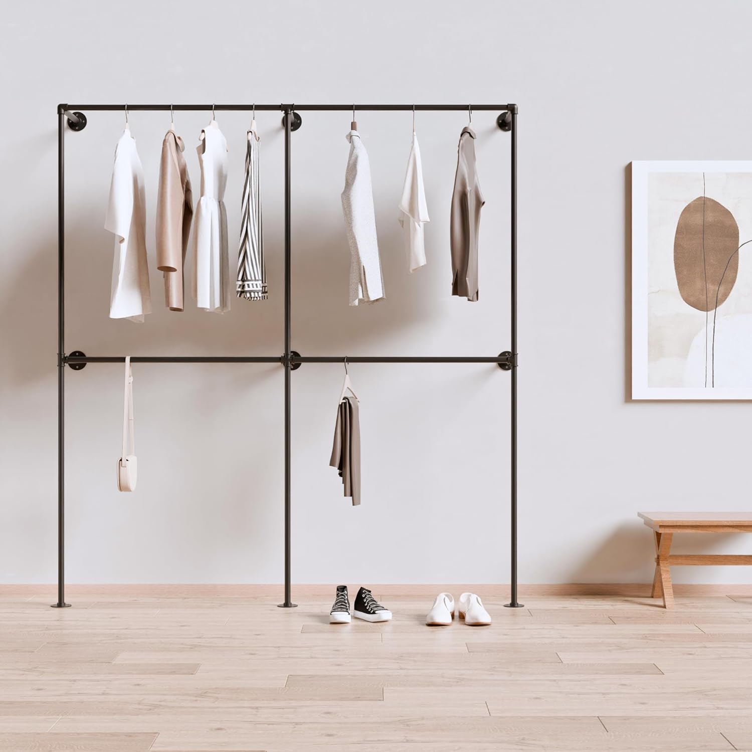 Industrial Pipe Clothing Rack, Heavy Duty Wall Mounted Clothes Rack, Retail Display Hanging Garment Rod for Laundry Rooms, Closet Storage, 14.6x75x82.7 Inches, Model K03
