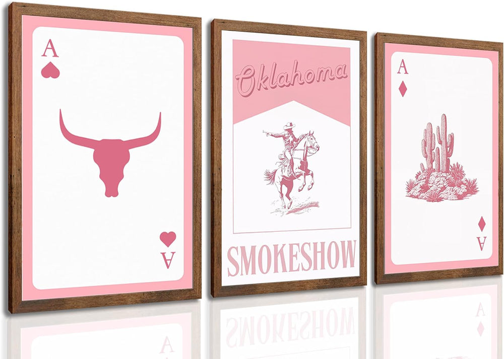 AINGMMG Pink Western Wall Art Set of 3,Framed Cowgirl Card Prints 16x24inch