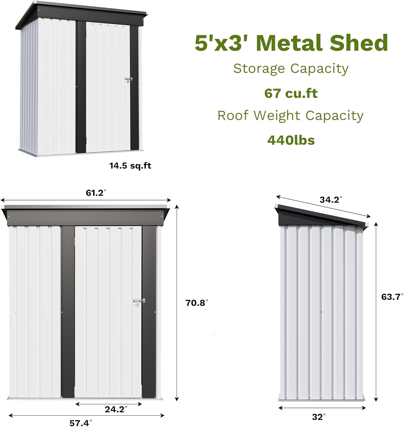 Patiowell 5x3 FT Outdoor Storage Shed, Garden Tool Shed with Sloping Roof and Lockable Door, Metal Shed for Backyard Garden Patio Lawn, White