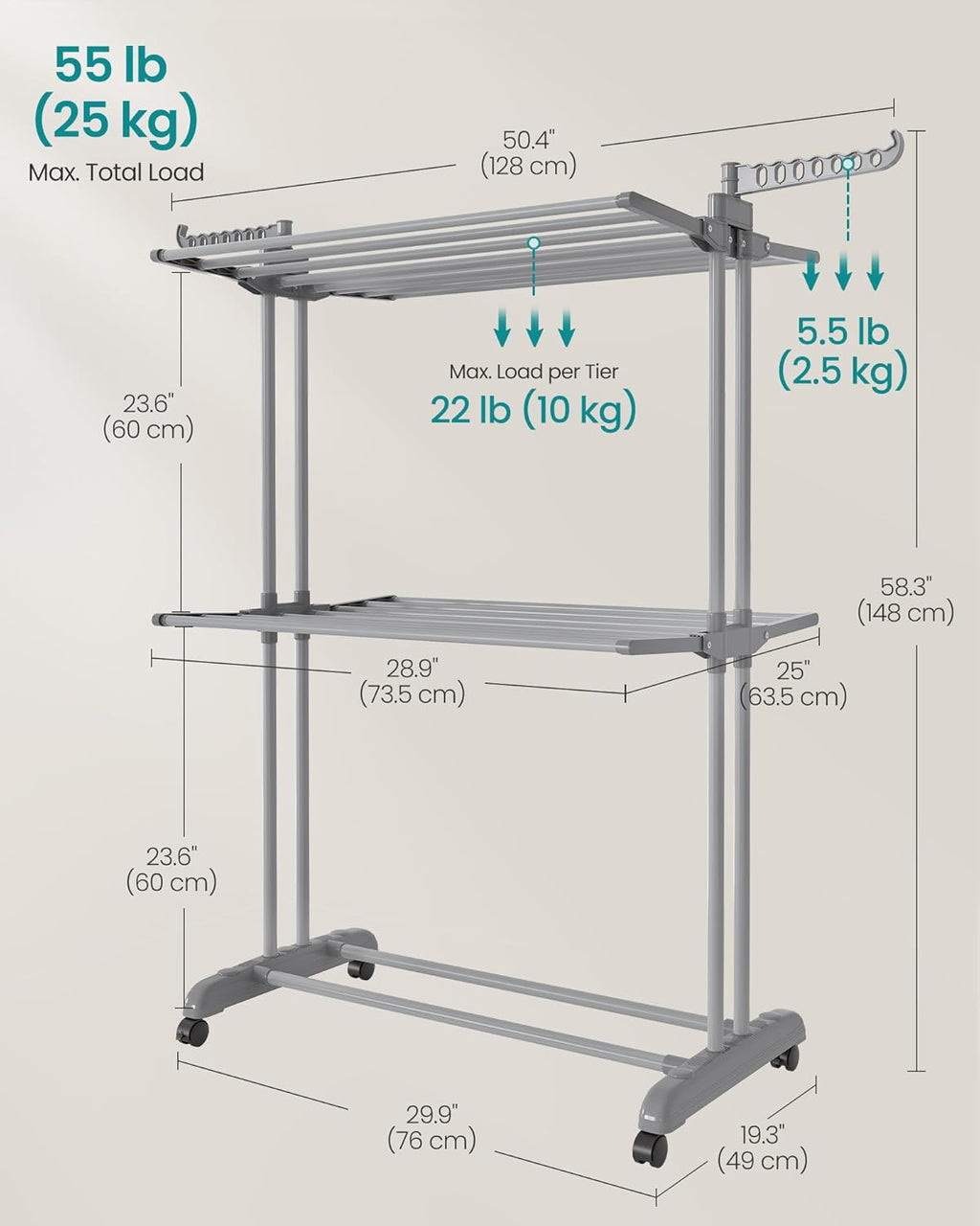 SONGMICS Clothes Drying Rack 3-Tier, Foldable Laundry Drying Rack 58.3-Inch Tall, Stainless Steel, Rolling Clothes Horses, Clothes Airer, Indoor Outdoor Use, Dove Gray ULLR702G01