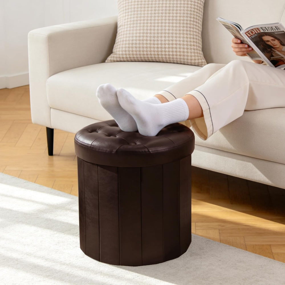 CAROLMADE Round Storage Ottoman, PU Leather Vanity Stool