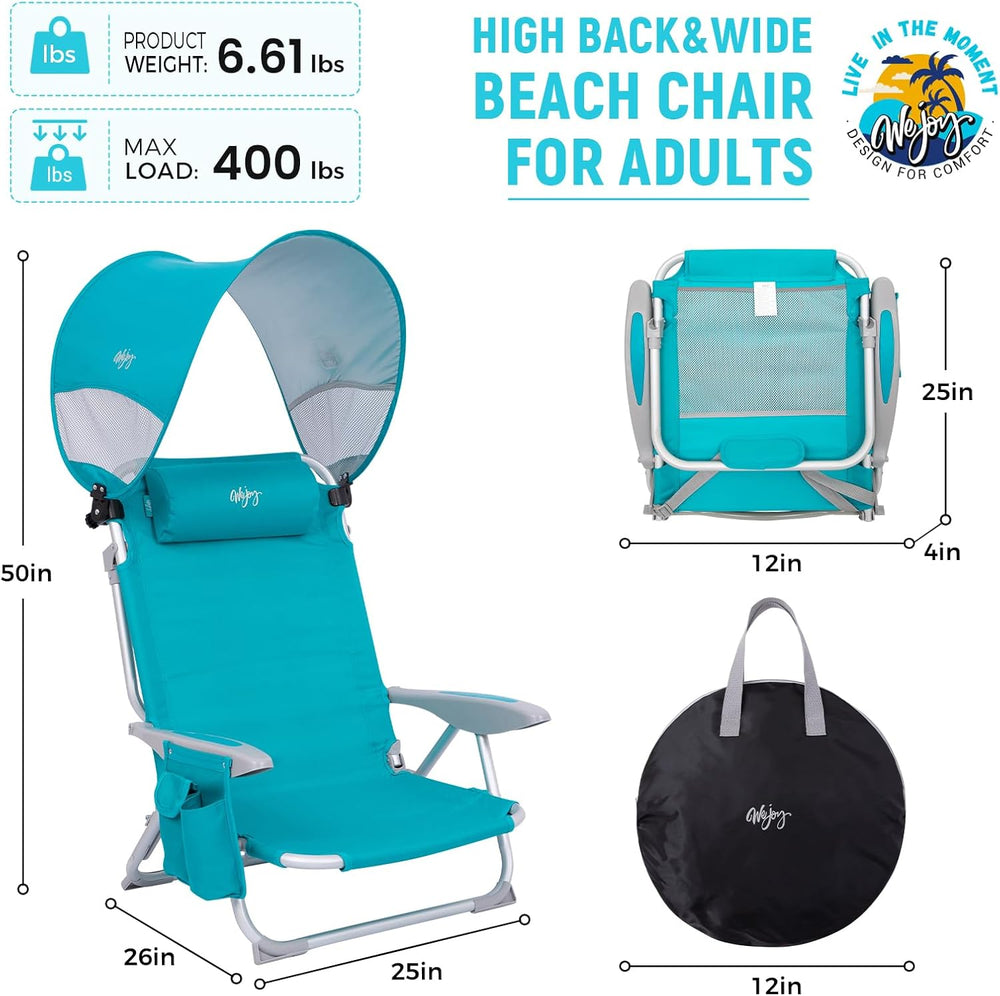 #WEJOY Beach Chair with Canopy Shade, Reclining Adjustable 4 Position, Lay Fl...