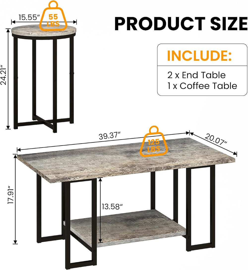 AWQM Coffee Table Set of 3, Modern Wood Living Room Table Set, Gray