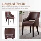 Farmhouse Dining Chairs Set of 2, PU Leather Upholstered Dining Chairs with Arms, Mid Century Modern Solid Wood Kitchen Chairs, Comfortable Accent Chairs for Dining/Living Room, Brown