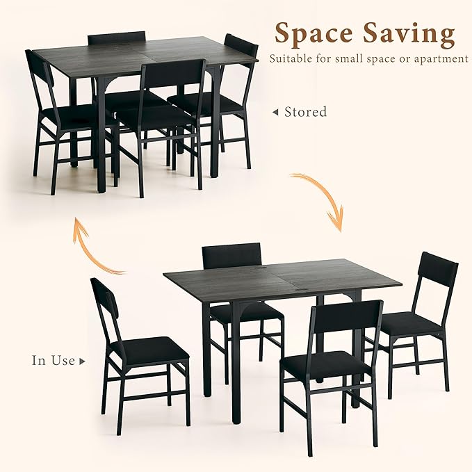 Dining Table Set for 4, Extendable Kitchen Table Cushion Chairs Set of 4, Rectangle Dining Table with Metal Frame & MDF Board, Folding for Small Apartment Saving Space, Gray