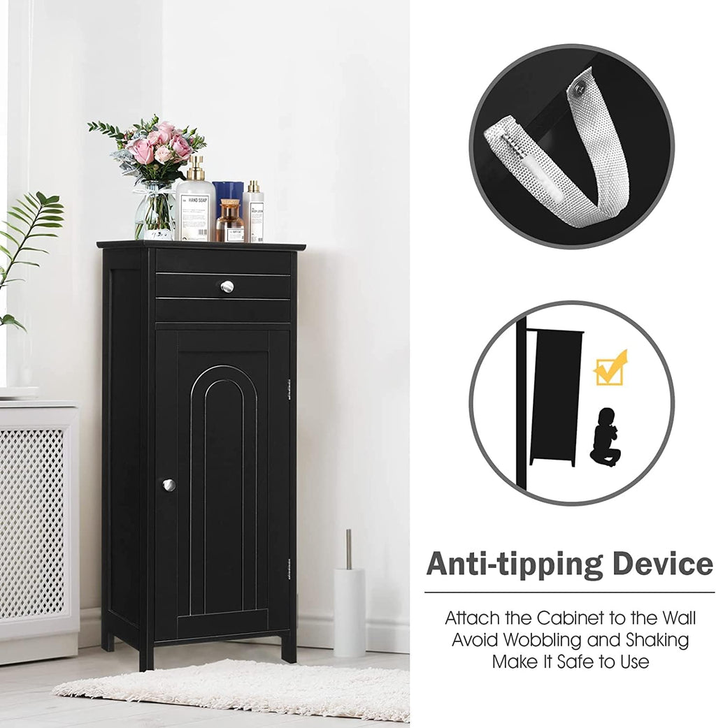 HAPPYGRILL Bathroom Floor Cabinet, Single Door Floor Storage Cabinet Organizer with Drawer and 3-Level Adjustable Shelves, Bathroom Cabinets Freestanding with Anti-Tipping Device for Living Room