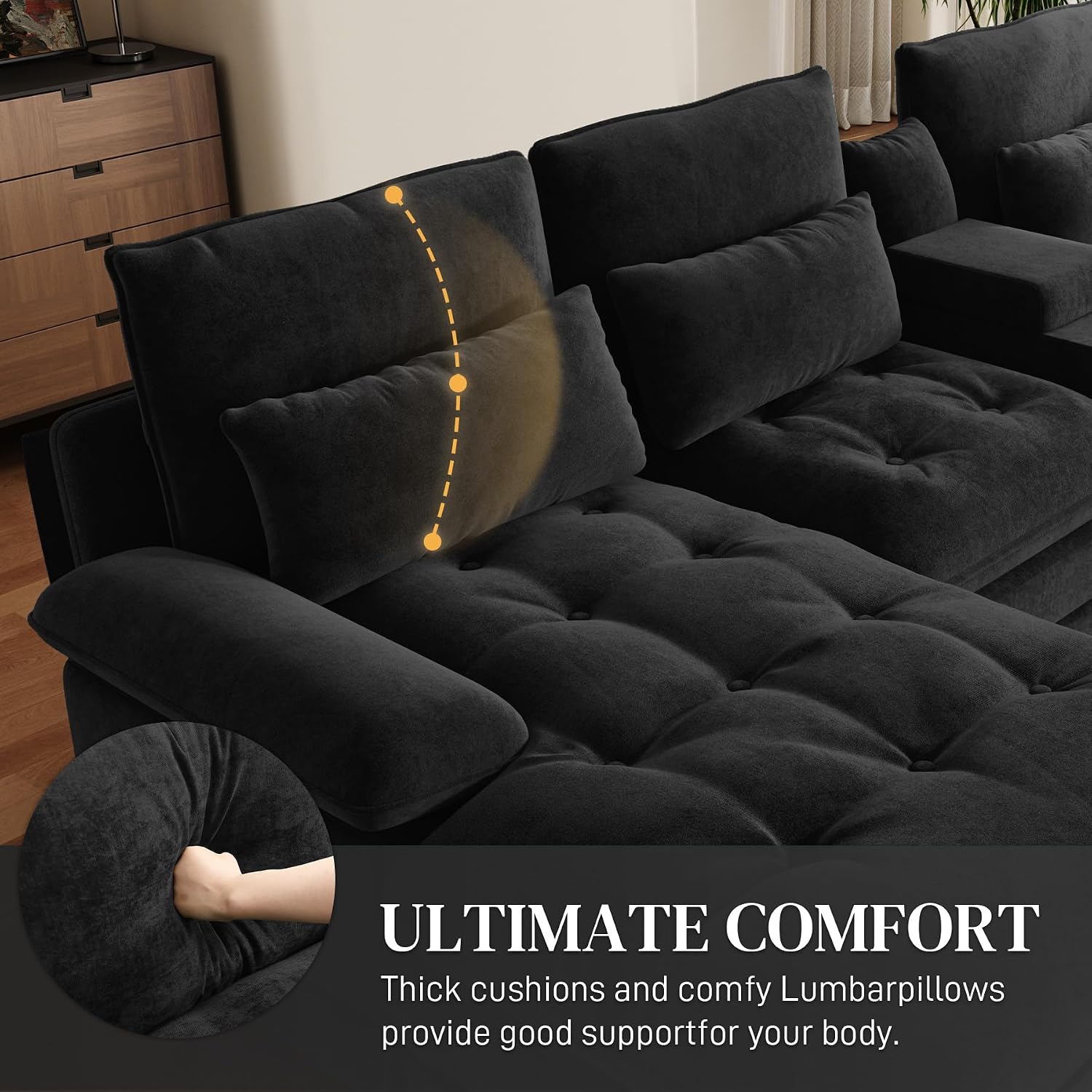 134" U Shaped Modular Black Sectional Couches for Living Room | Oversized 6-seat U-shaped sectional with chaise lounge, tufted chenille fabric and a storage console for plush comfort.