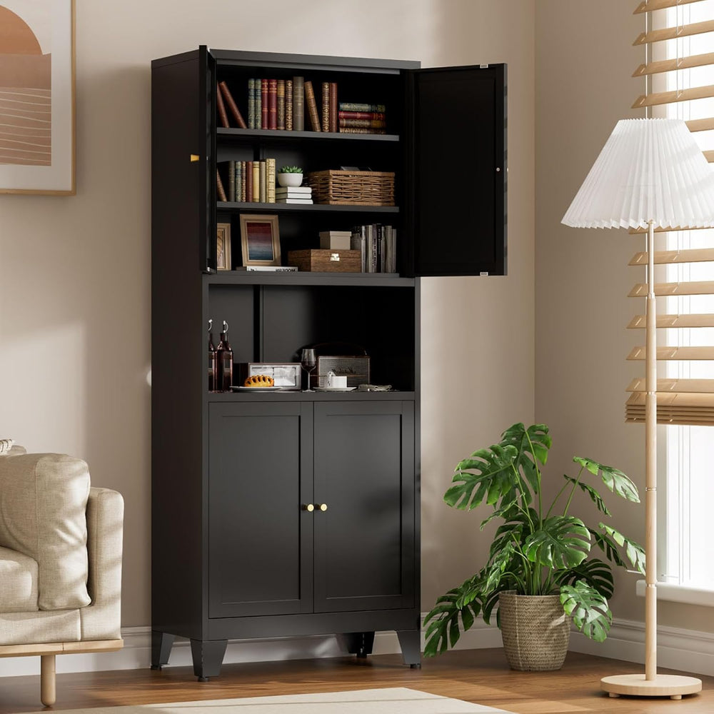 Metal Kitchen Pantry Cabinet, 69" Tall Black Storage Cabinet with 4 Door...