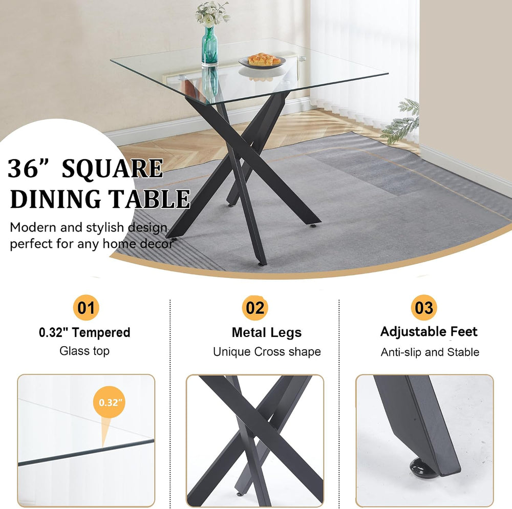 Square Dining Table for 4, 36" Modern Glass Kitchen Dining Room Table wi...