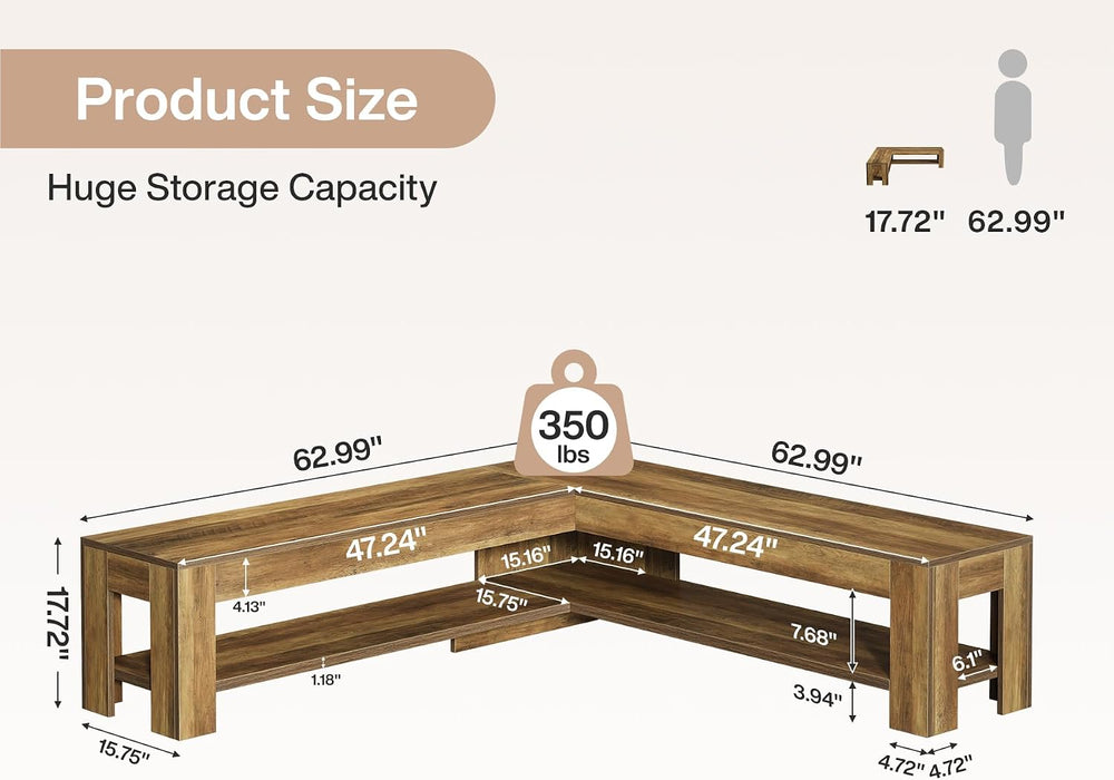 Tribesigns L-Shaped Corner Bench with Storage Shelf, 62.99'' Rustic W...