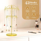 MODOWEY Rotating Necklace Holder Organizer Display Stand with 42 Hooks, 2 Tier Adjustable Metal Tree for Long Necklace Hanger Selling, Tall Spinning Bracelet Storage Rack for Men Women, Gold
