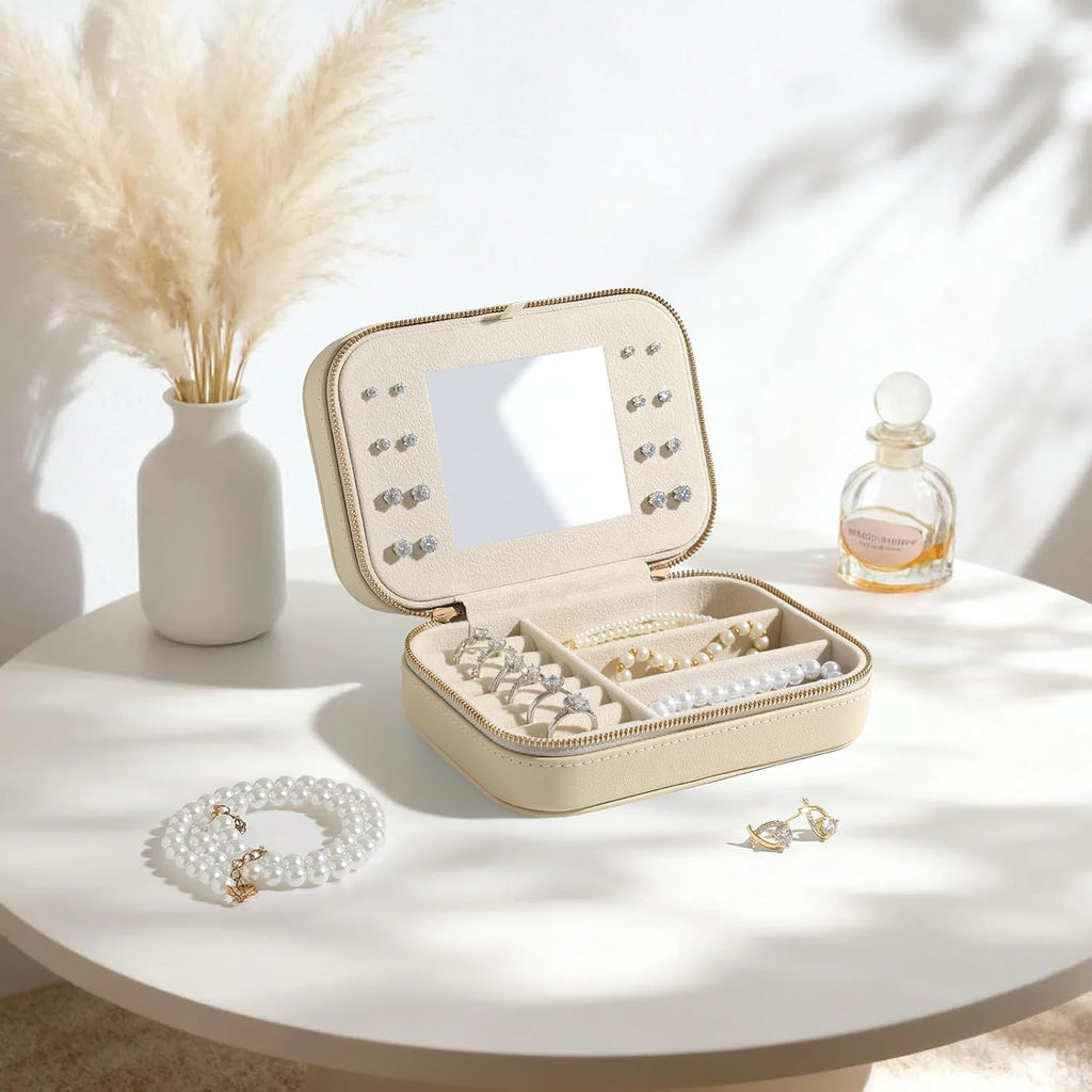 Genuine Leather Travel Jewelry Organizer Case with Mirror for Women, Small Mini Portable Jewelry Box for Ring Earrings Necklace Bracelet Luxury Gift for Women（Beige）