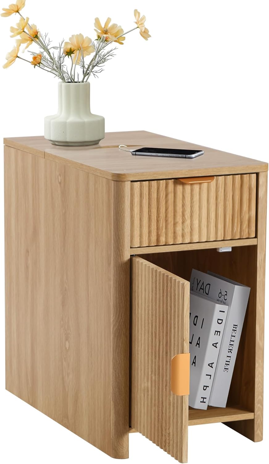 Fluted Narrow End Table with Charging Station, Boho Side Table with Drawer St...