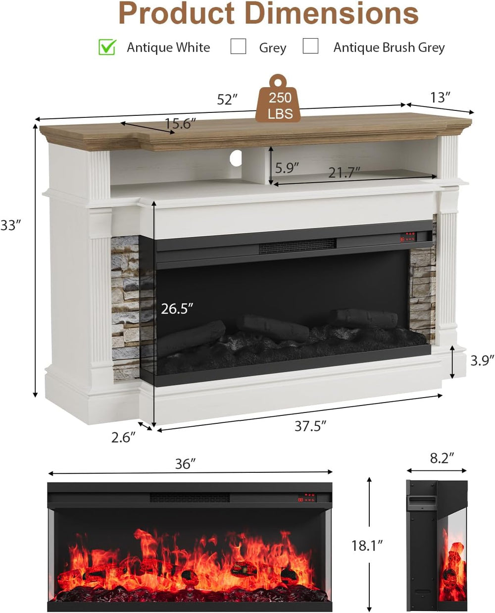QUW Fireplace TV Stand for TVs up to 65", Farmhouse 52" Fireplace E...