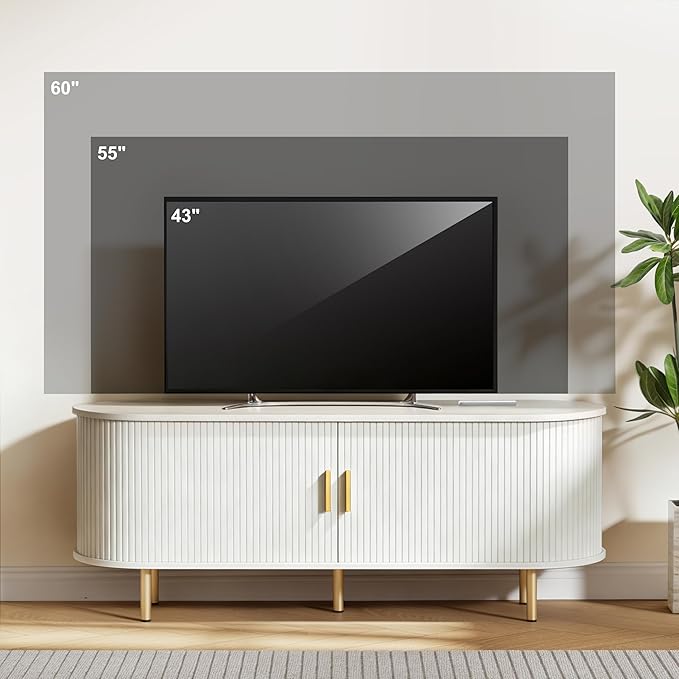 DHH 55 Inch Mid Century Modern TV Stand with Power Outlet for TVs up to 60 Inch, Entertainment Center with Storage and Adjustable Shelves, Media Console with Sliding Doors for Living Room(White)