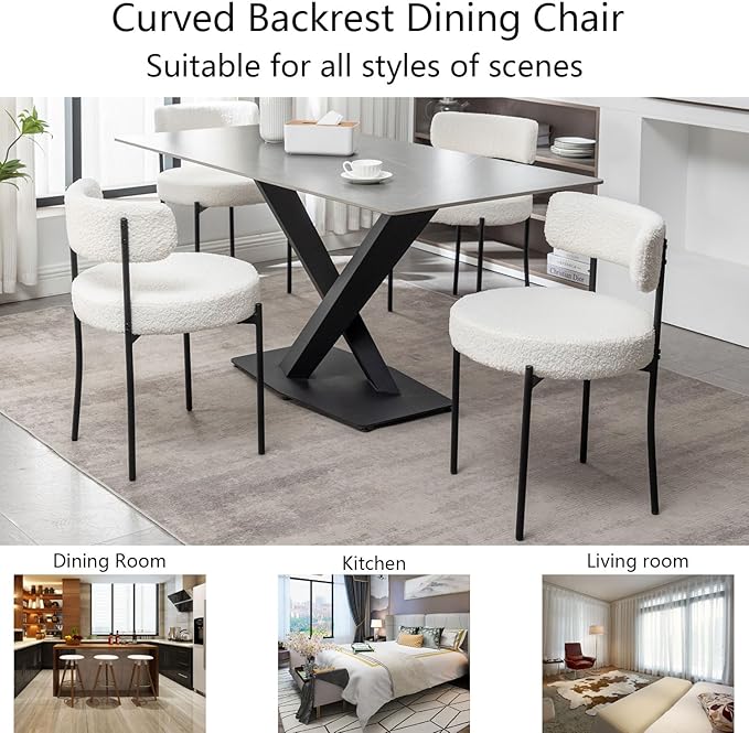 White Boucle Dining Chairs Set of 2, Upholstered Dining Room Chairs with Blac...