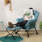 HollyHOME Fabric Lazy Chair with Foldable Ottoman, Accent Comfy Lounge Arm Chair and Folding Footrest Stool Set, Leisure Sofa Reading Chair and Footstool for Living Room, Bedroom, Dorm, Blue