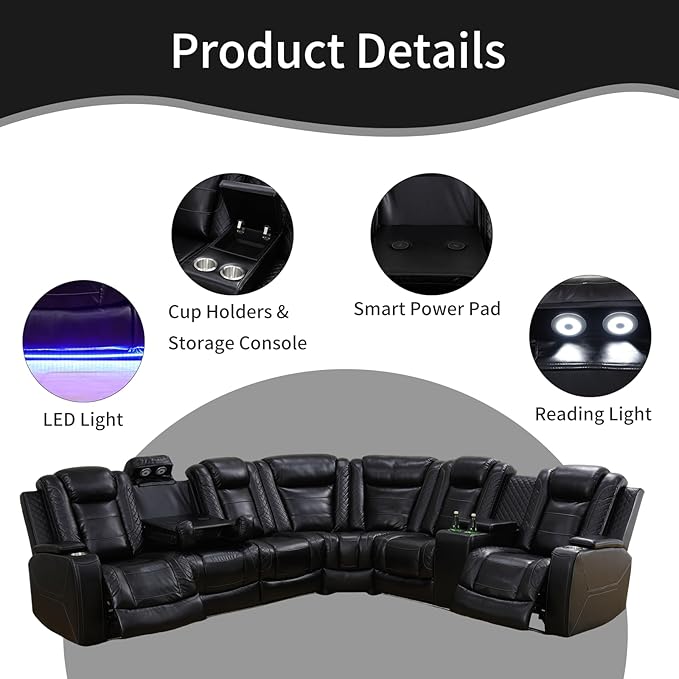 Power Reclining Sectional Sofa for Living Room,Modern L-Shaped Black Air Leather Sectional Couch Set,Recliner Sofa Set,with LED Lights,Cup Holder,Storage,Charging Ports,Home Theater Seat