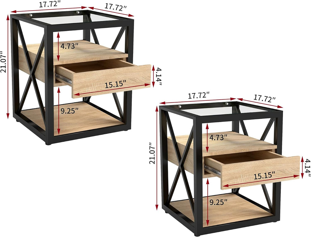 Set of 2 Modern Industrial End Tables with Drawer - Nightstands with Tempered...