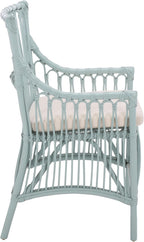 SAFAVIEH Furniture - Zorianna Dining Chair - Light Blue Rattan & White Cushion - Armchair Design - Ideal for Dining Room, Kitchen, 18.5" Seat Height (DCH6505C)
