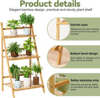 Bamboo Ladder Plant Shelf, 3 Tier Foldable Flower Pot Display Rack, Indoor Outdoor Balcony Decor, Freestanding Plant Organizer for Home Patio Lawn Garden Wooden