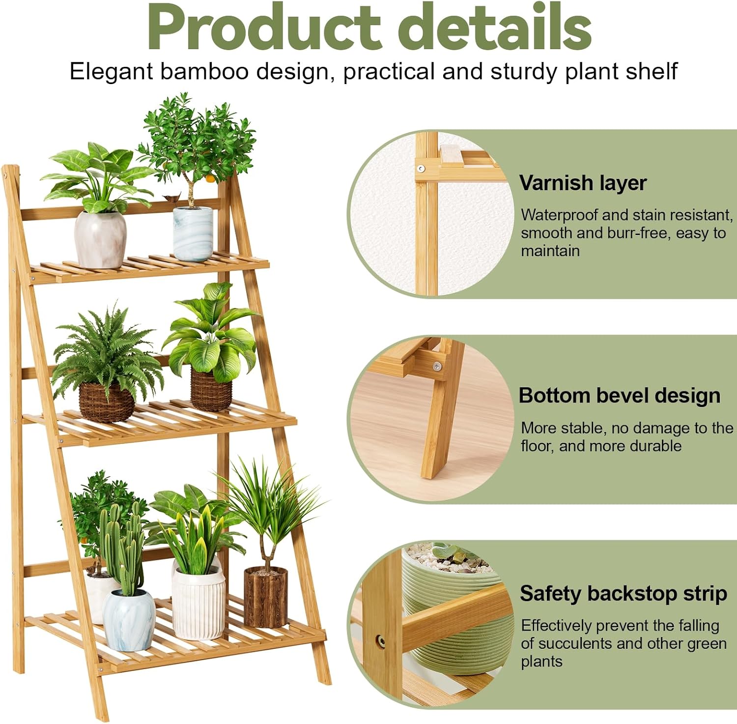 Bamboo Ladder Plant Shelf, 3 Tier Foldable Flower Pot Display Rack, Indoor Outdoor Balcony Decor, Freestanding Plant Organizer for Home Patio Lawn Garden Wooden