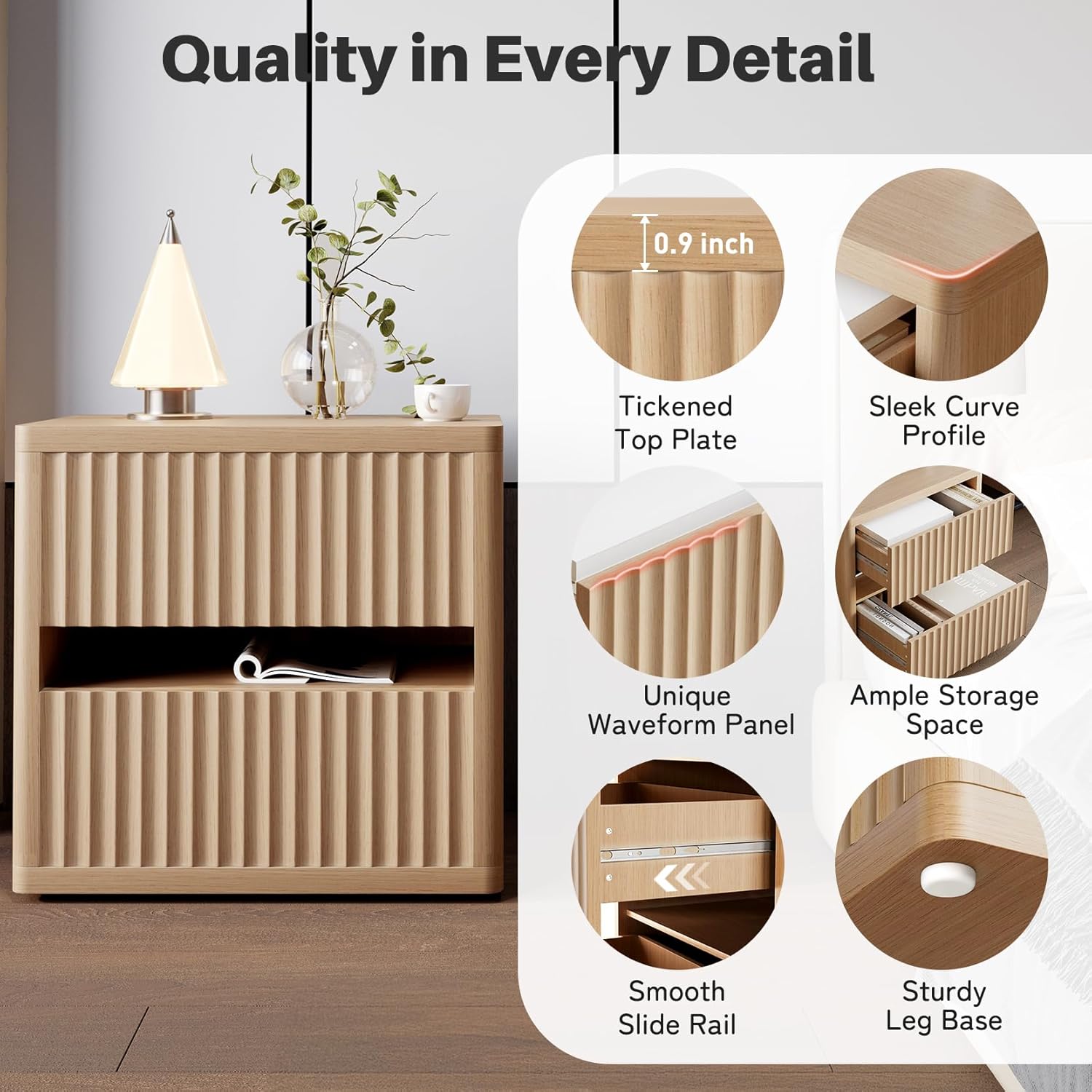 Dripex Fluted Nightstand Set of 2 with Drawers Storage, Large Wide Wood Night Stand Bedside Tables for Bedroom, Mid-Century Modern Bed Side Table, End Tables for Living Room Sofa Couch, Natural Oak