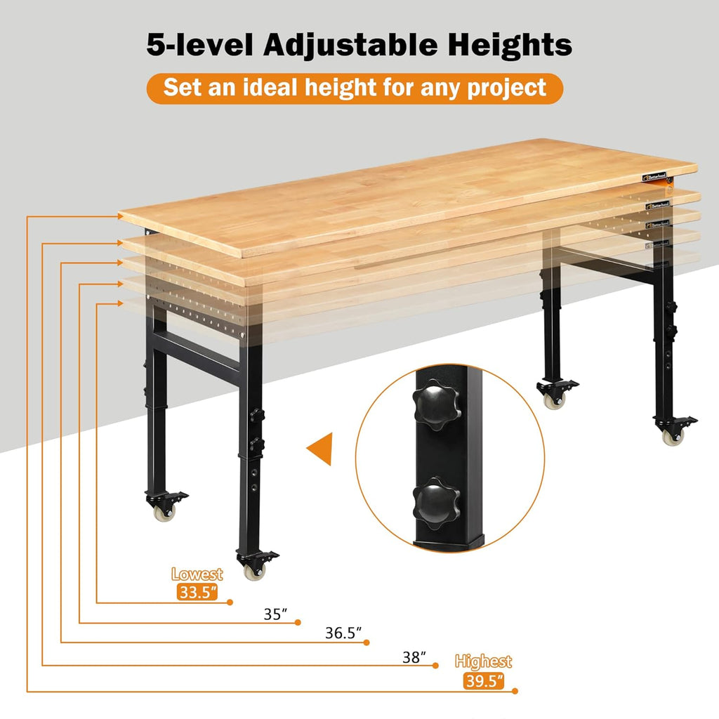 Betterhood 60" Adjustable Workbench for Garage, Rubber Wood Shop Table W/Wheels & Double Pegboards & Drawer, 2000 LBS Load Capacity Hardwood Worktable for Workshop, Garage, Office, Home, Commercial